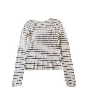 Vince Womens Ribbed Striped Wool Sweater Cream Burgundy Crew Neck Size Medium